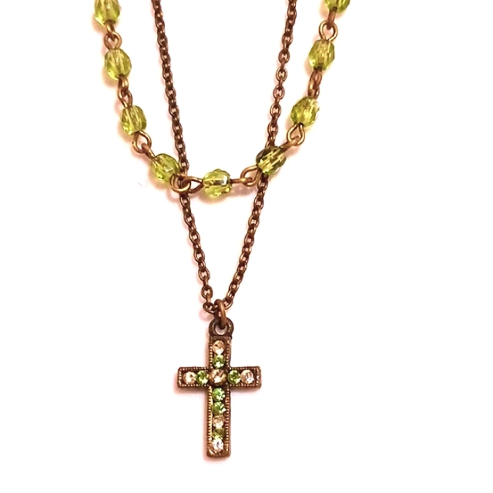 Beautiful! 1928 Jewelry Double Strand Sparkly Cross and Beaded Necklace